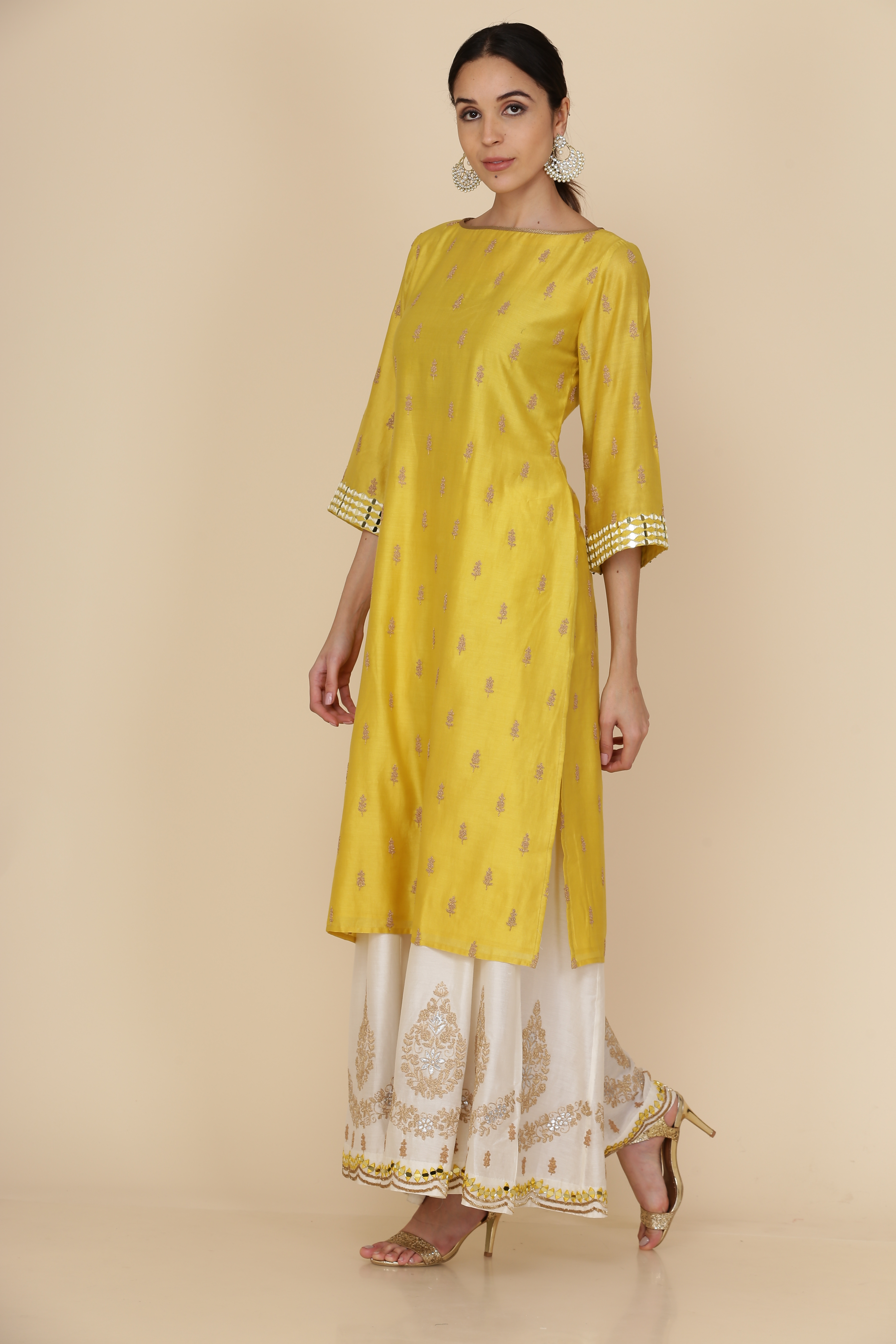 Yellow Kurta with Ivory Sharara & Banarasi Odhni