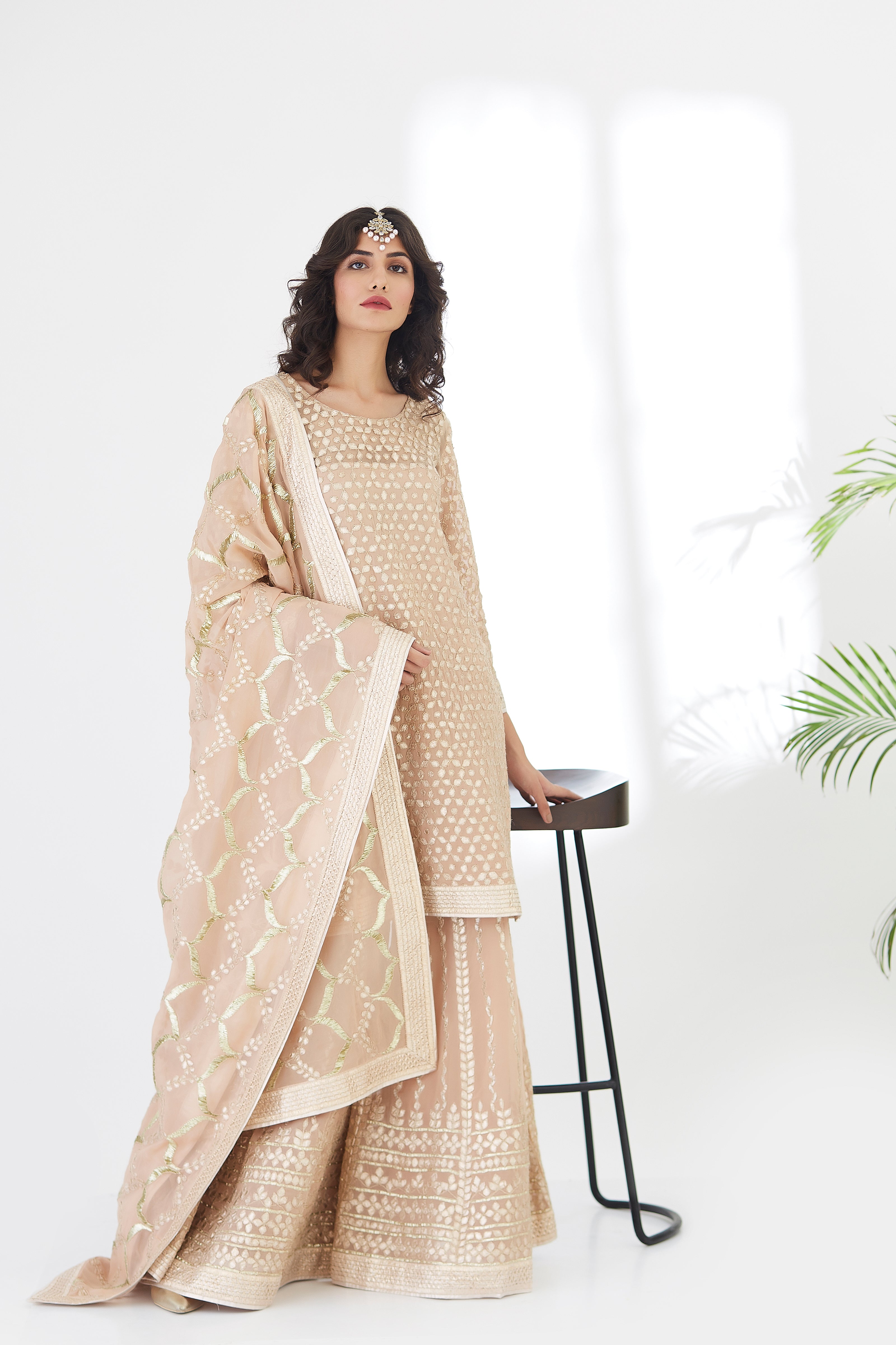 Asymmetrical Georget Tunic with Sharara | Baby Pink