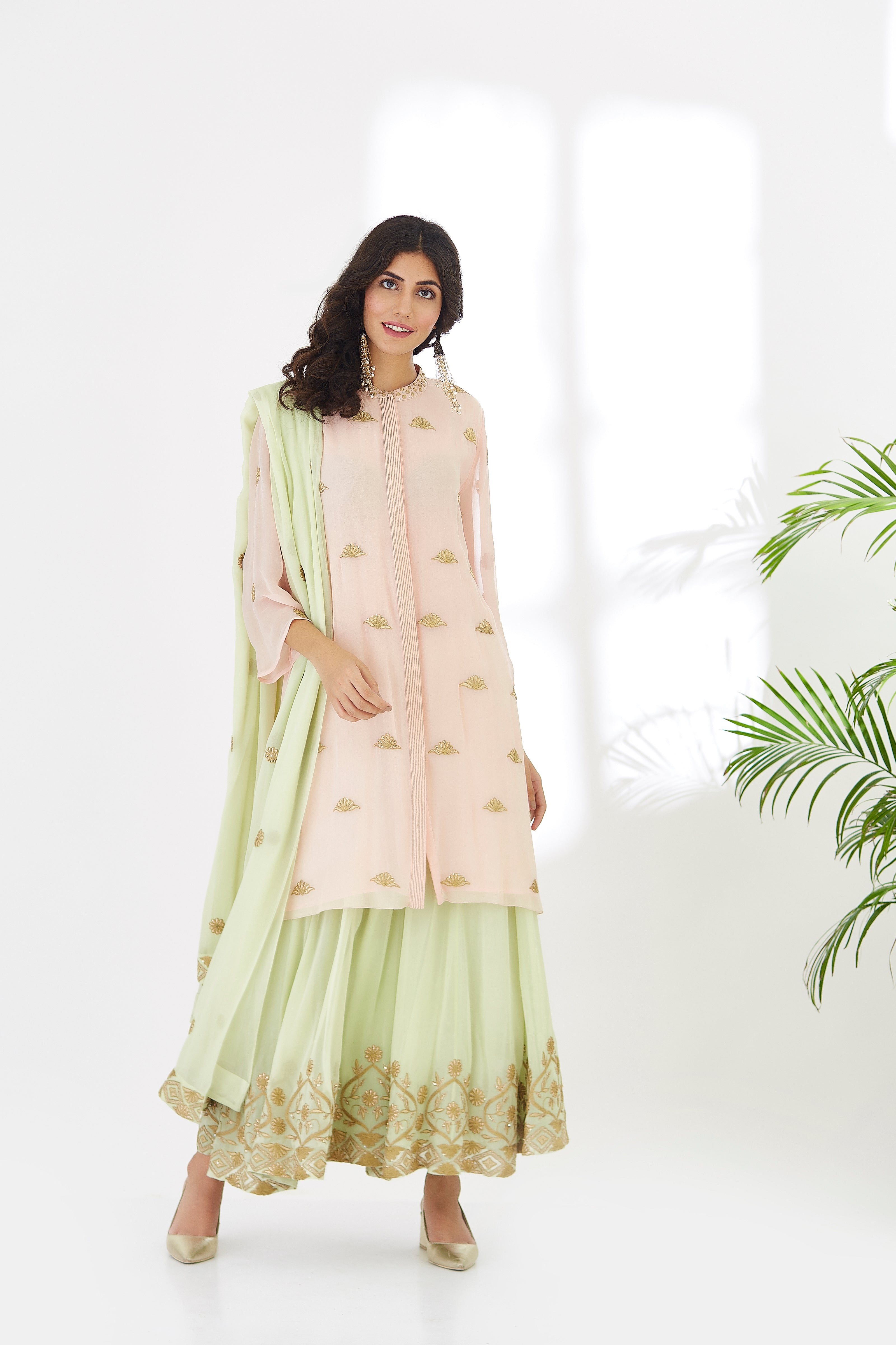 Straight Georget Tunic with Sharara |Pastel Pink  and Apple Green