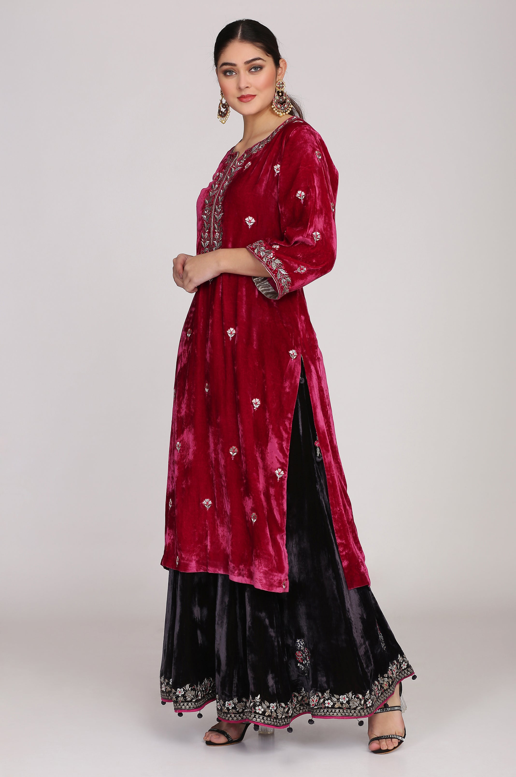 RUBY PINK STRAIGHT TUNIC WITH CHARCOAL BLACK SHARARA