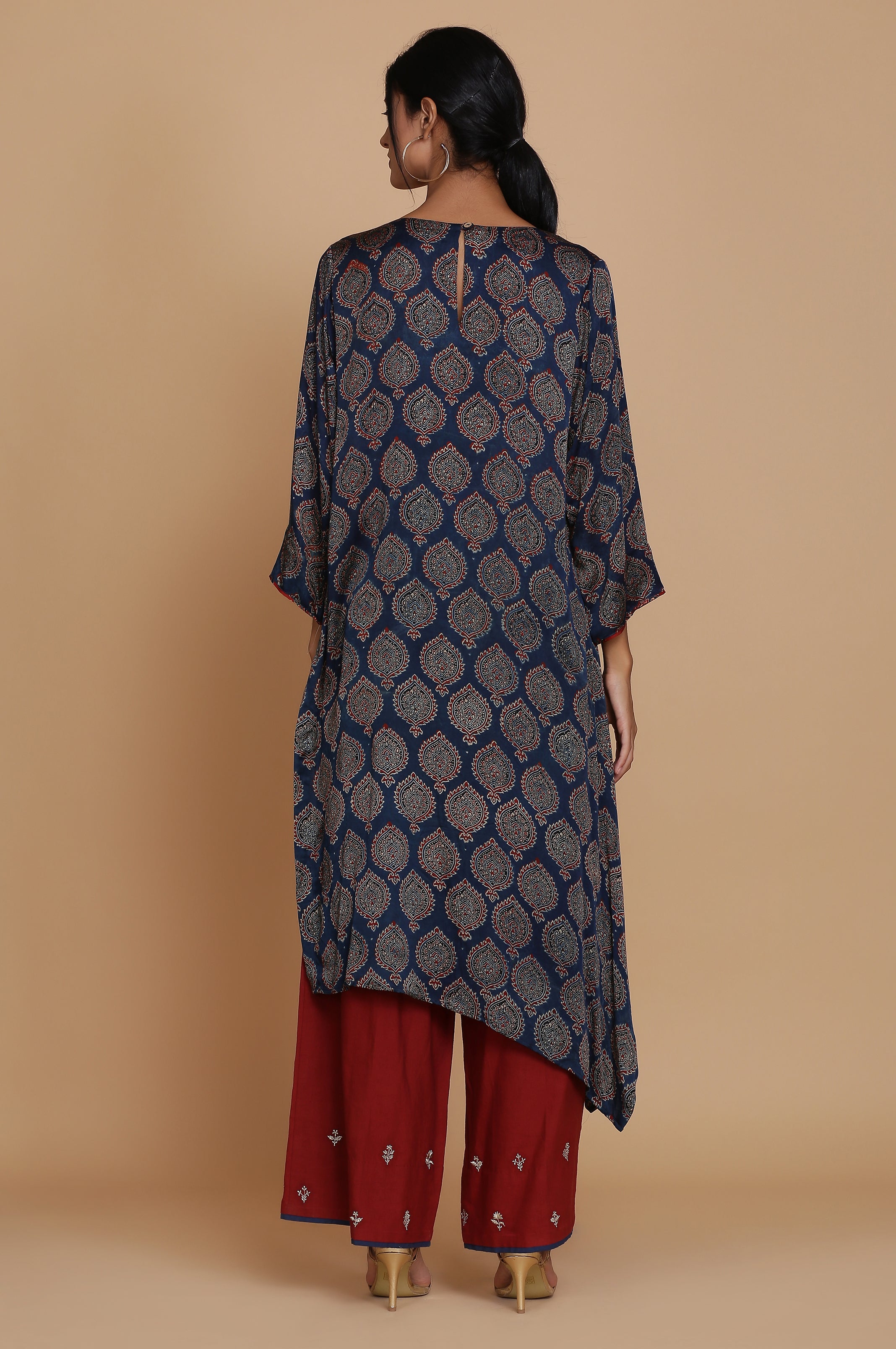 TEAL AJRAKH ONE SIDE DROP TUNIC WITH FARSHI