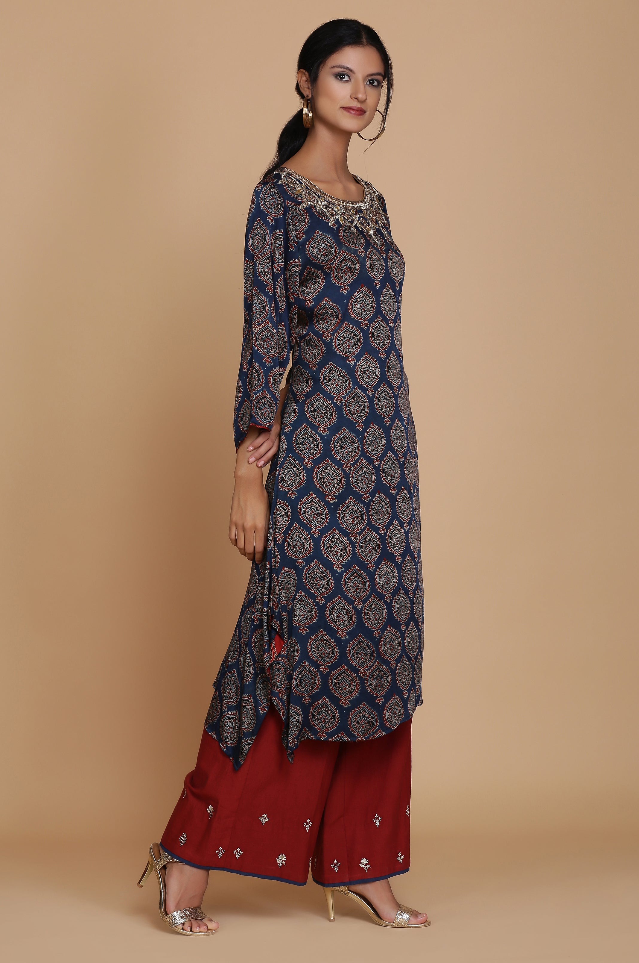 TEAL AJRAKH ONE SIDE DROP TUNIC WITH FARSHI