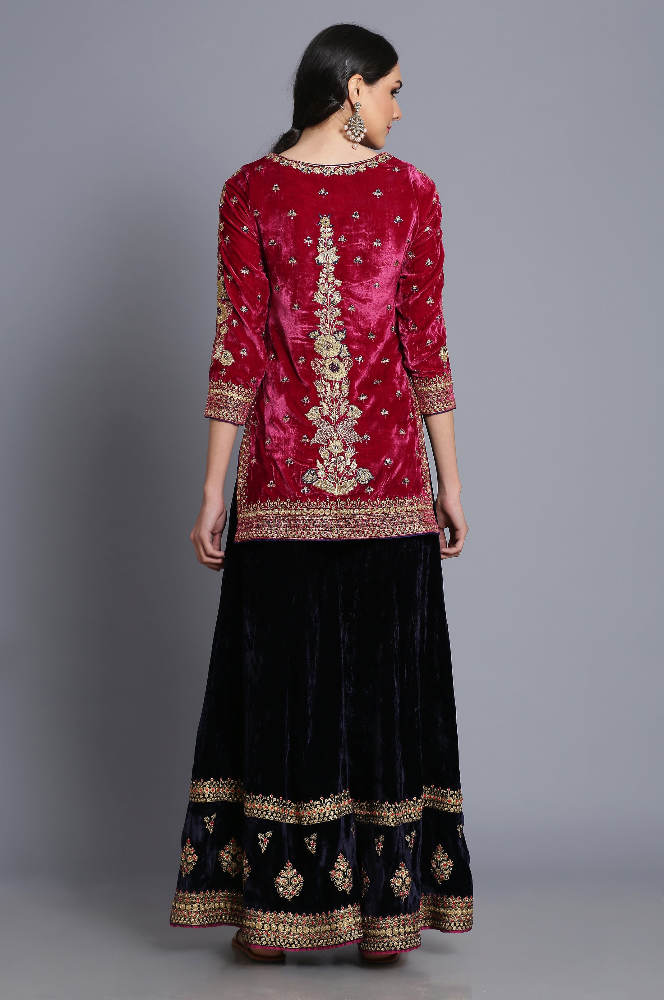 Silk velvet short tunic with sharara and odhni