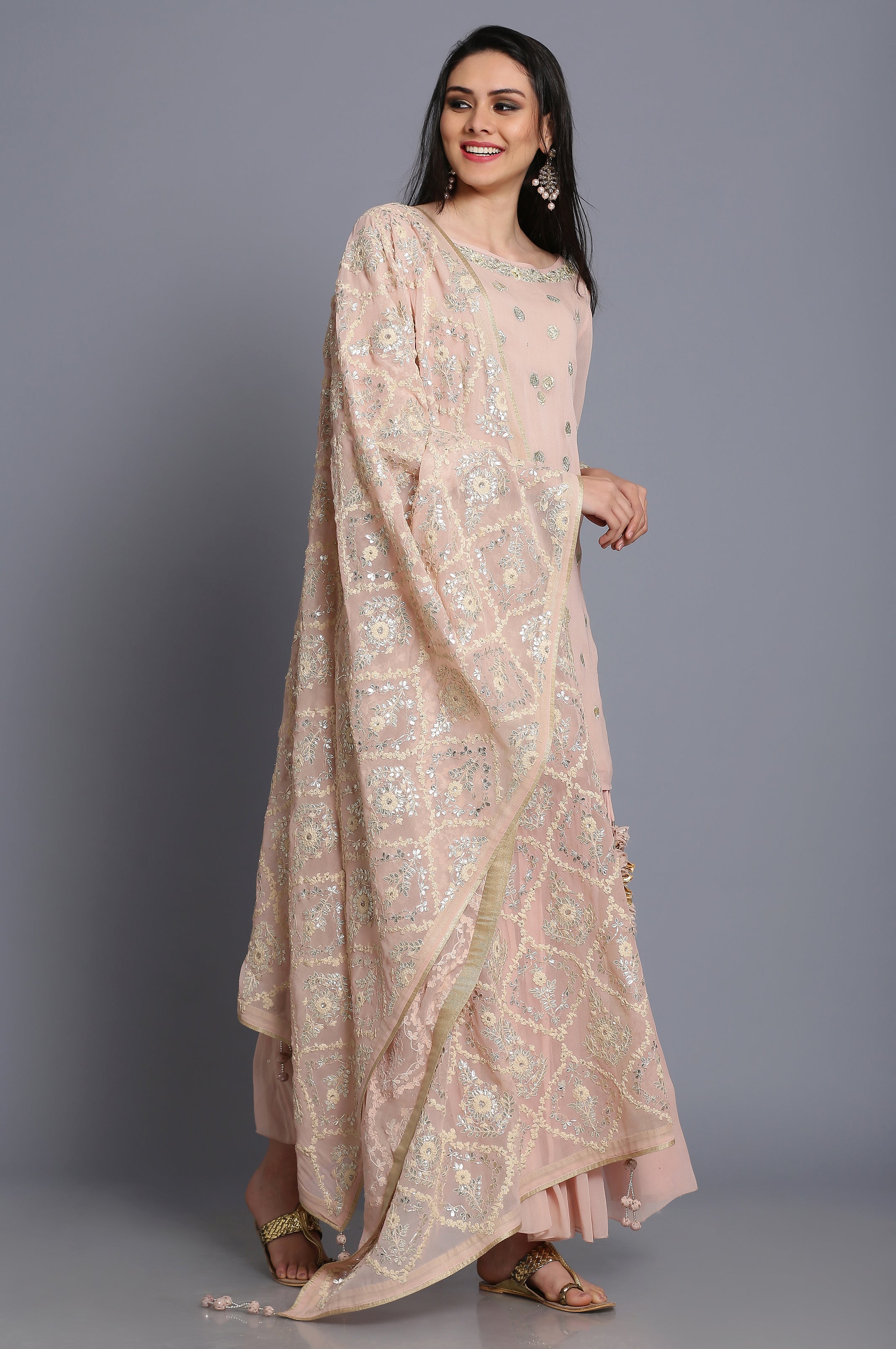 Georgette short tunic with skirt and heavy dupatta