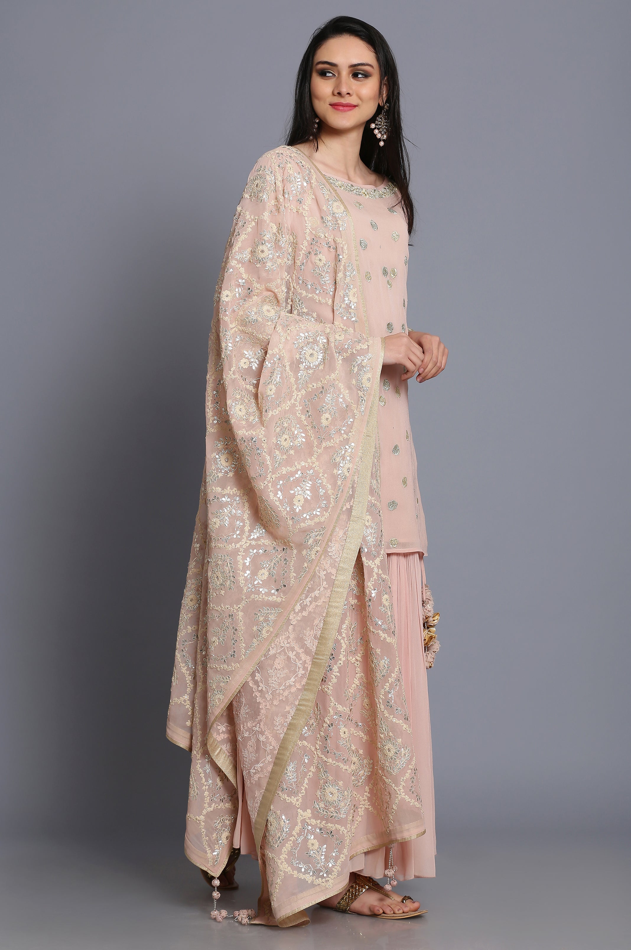 Georgette short tunic with skirt and heavy dupatta